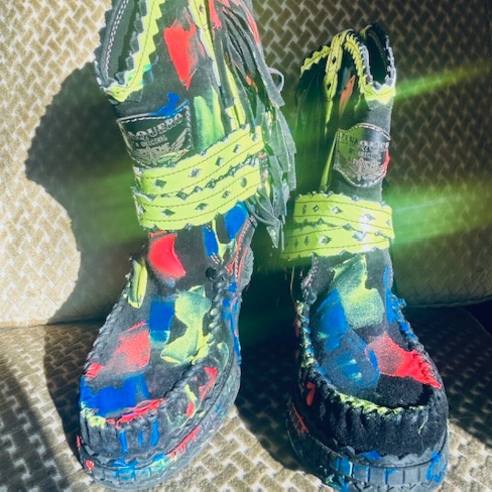 EL VAQUERO Arya Neon Brush Suede Buckle Cushioned Wedge Moccasin Boots